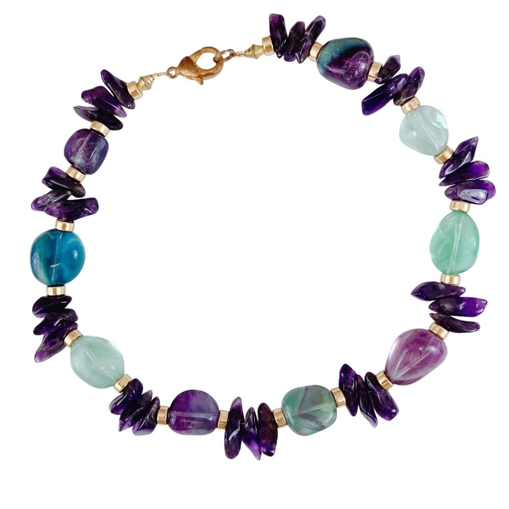 VTG Y2K Amethyst and Quartz Bead Necklace with Gold Tone Accents, Boho Jewelry